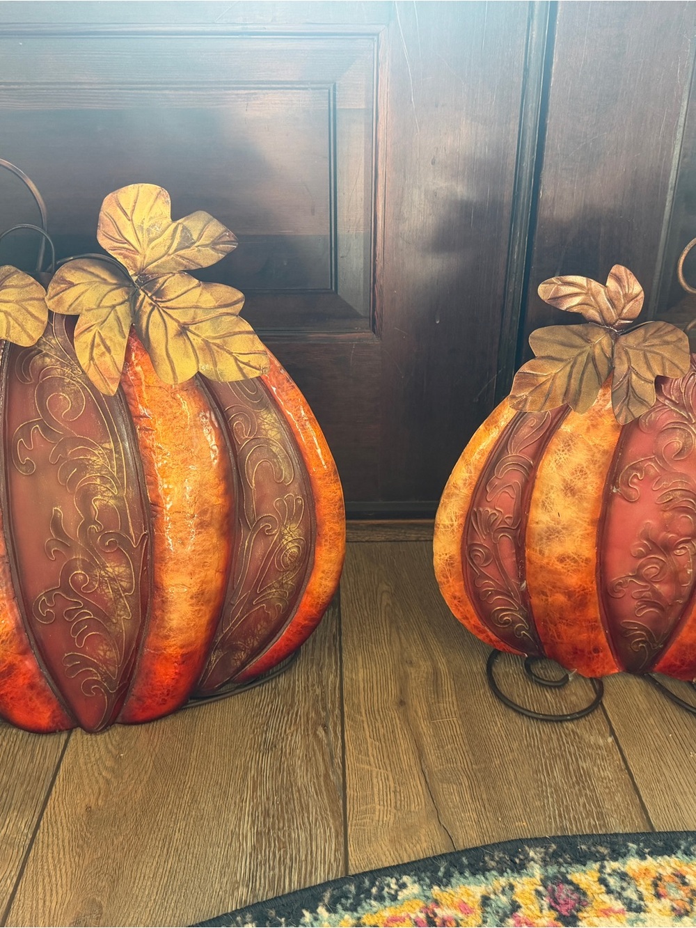 Metal Pumpkin Accent Set in Rich Orange with Gold Leaves